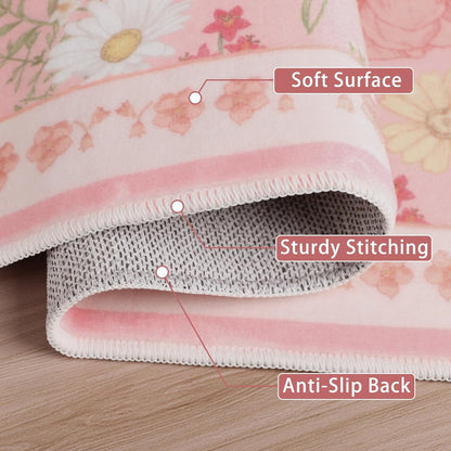 3x5 Pink Area Rug Soft Machine Washable Boho Floral Area Rug with Non-Slip Backing Low Pile Throw Rugs for Entryway, Living Room, Kitchen, Kis Room, Office, Bedroom, Dorm Decoration Mat Carpet