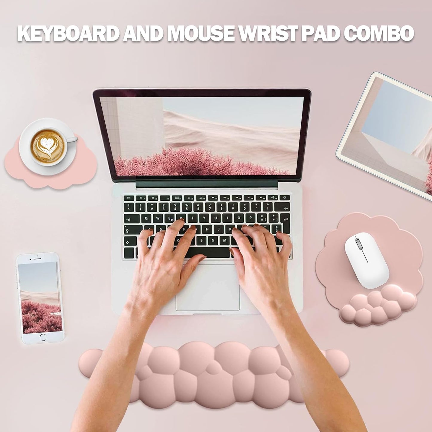 Cloud Keyboard Wrist Rest and Mouse Pad with Wrist Support Set, Ergonomic PU Leather Mouse Pads, Memory Foam Non-Slip Mousepad for Computer,Laptop, Light Pink Cloud