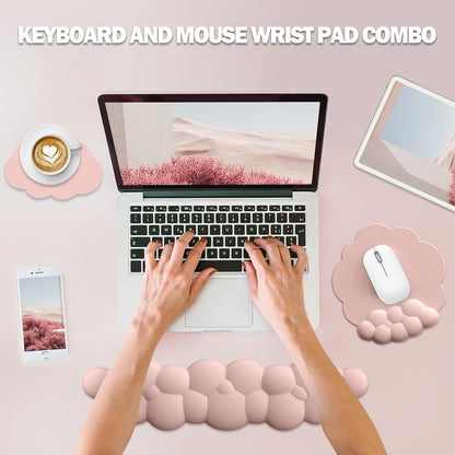 Cloud Keyboard Wrist Rest and Mouse Pad with Wrist Support Set, Ergonomic PU Leather Mouse Pads, Memory Foam Non-Slip Mousepad for Computer,Laptop, Light Pink Cloud