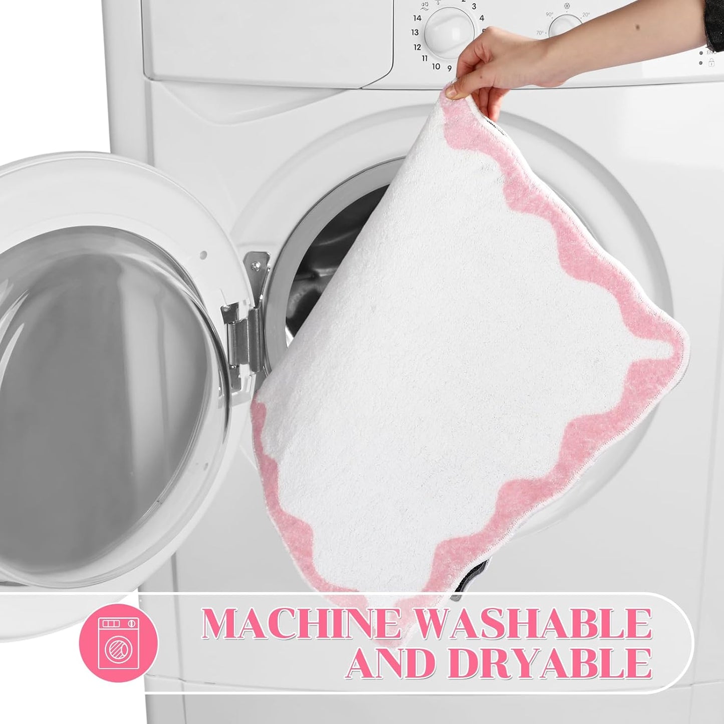 Drydiet 3 Pcs Pink Scalloped Bathroom Rug Set Cute Pink Bathroom Mat U-Shaped Mat Toilet Seat Cover, Non Slip Absorbent Microfiber Bath Rugs Aesthetic Preppy Room Decor for Girls, Dorm Guest Bath
