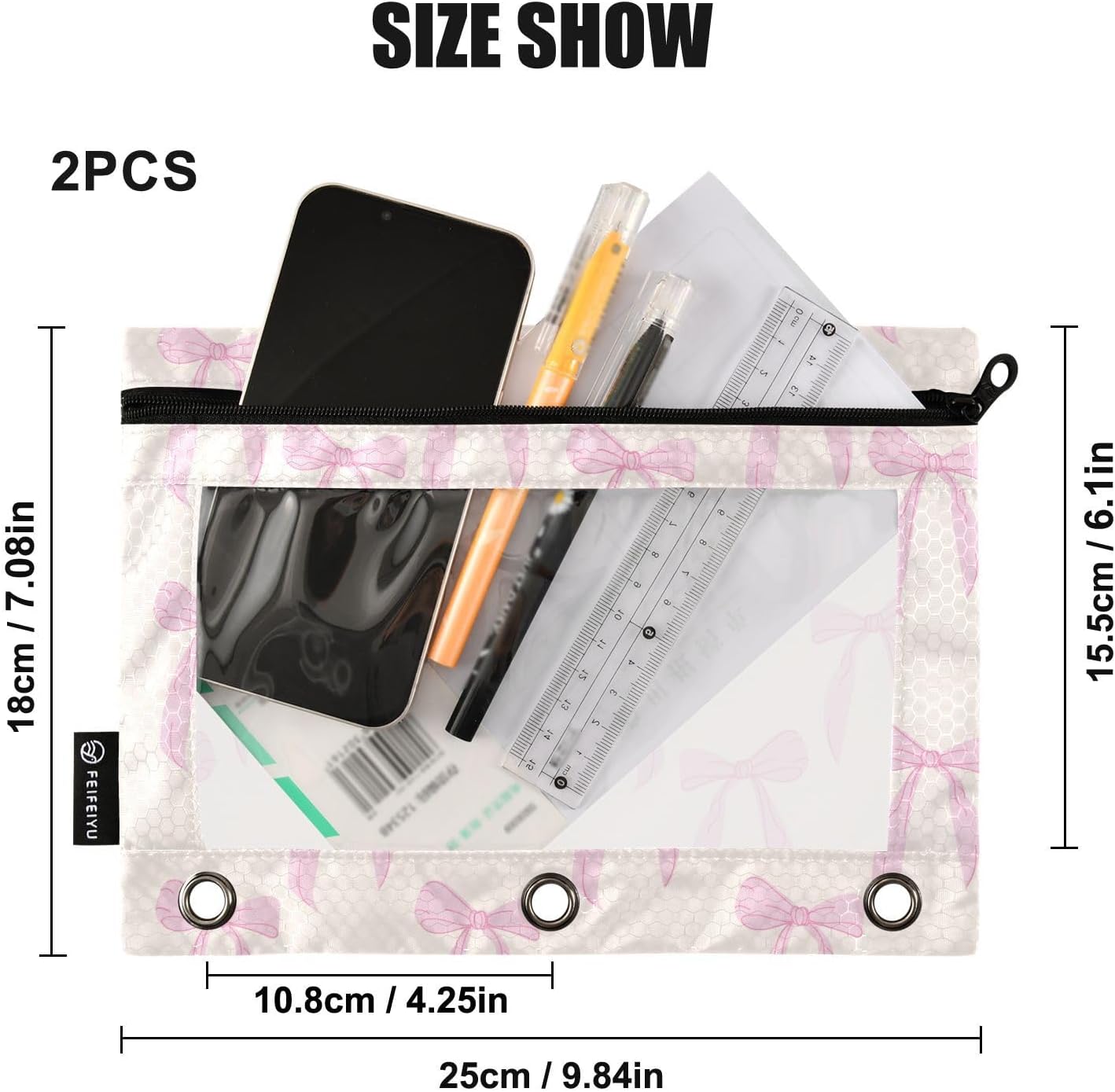 Pencil Pouch for 3 Ring Binder Coquette Bows Cute Pink 2 Pack Clear Window Pencil Bags with Zipper Pencil Case