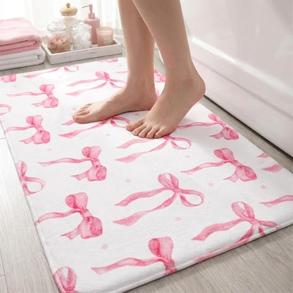 Memory Foam Bath Mat with Pink Bow Pattern, Comfortable, Soft, Non-Slip, Super Absorbent, Quick Drying Bath Rug for Bathroom,Floor, Tub & Shower, Machine Washable (16INX24IN, Bow)