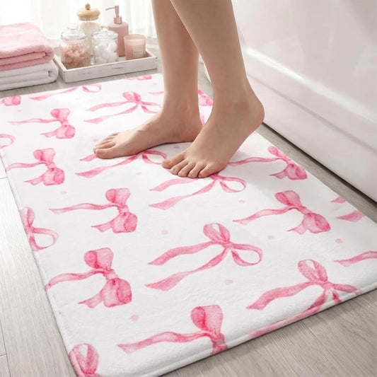 Memory Foam Bath Mat with Pink Bow Pattern, Comfortable, Soft, Non-Slip, Super Absorbent, Quick Drying Bath Rug for Bathroom,Floor, Tub & Shower, Machine Washable (32INX20IN, Bow)