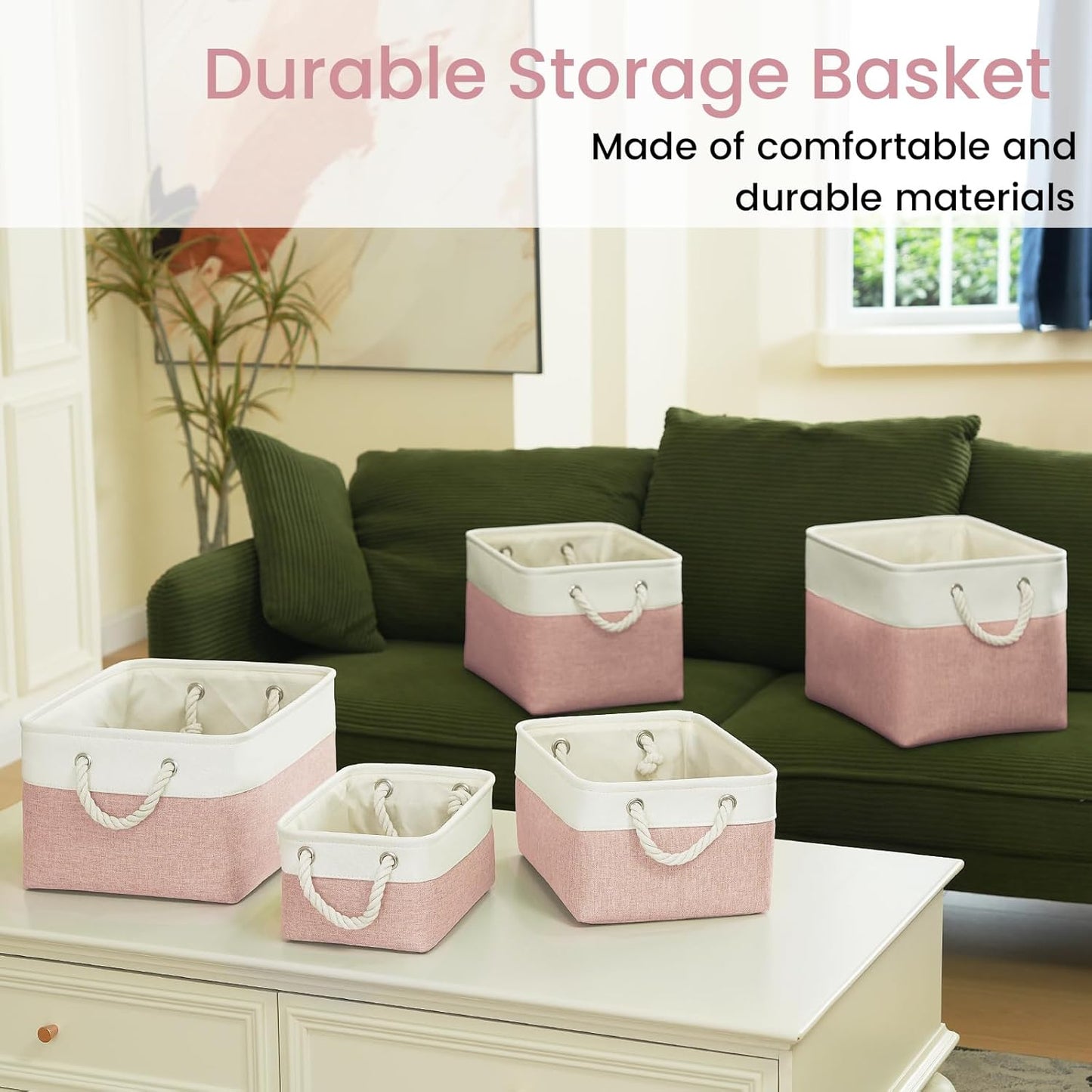 Large Storage Baskets- 15.7x11.8x8.26 inch Storage Bins for Shelves and Closet Organizing, Foldable Fabric Bin for Home Organization Clothes and Laundry (3-Pack, White&Pink)