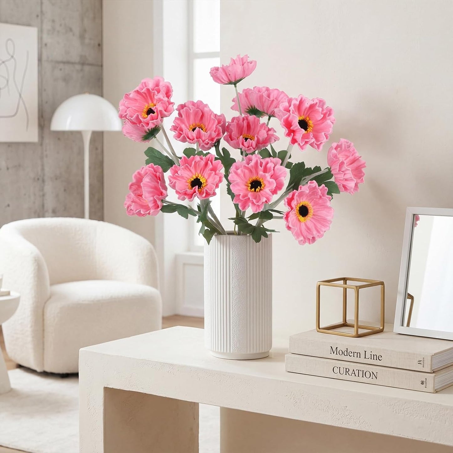 15 Heads Poppy Flowers Artificial, 3PCS PU Real Touch Pink Faux Poppies 20" Long Stem Fake Flowers for Wedding Centerpieces Bridal Bouquets Party Home Decor(Pink)