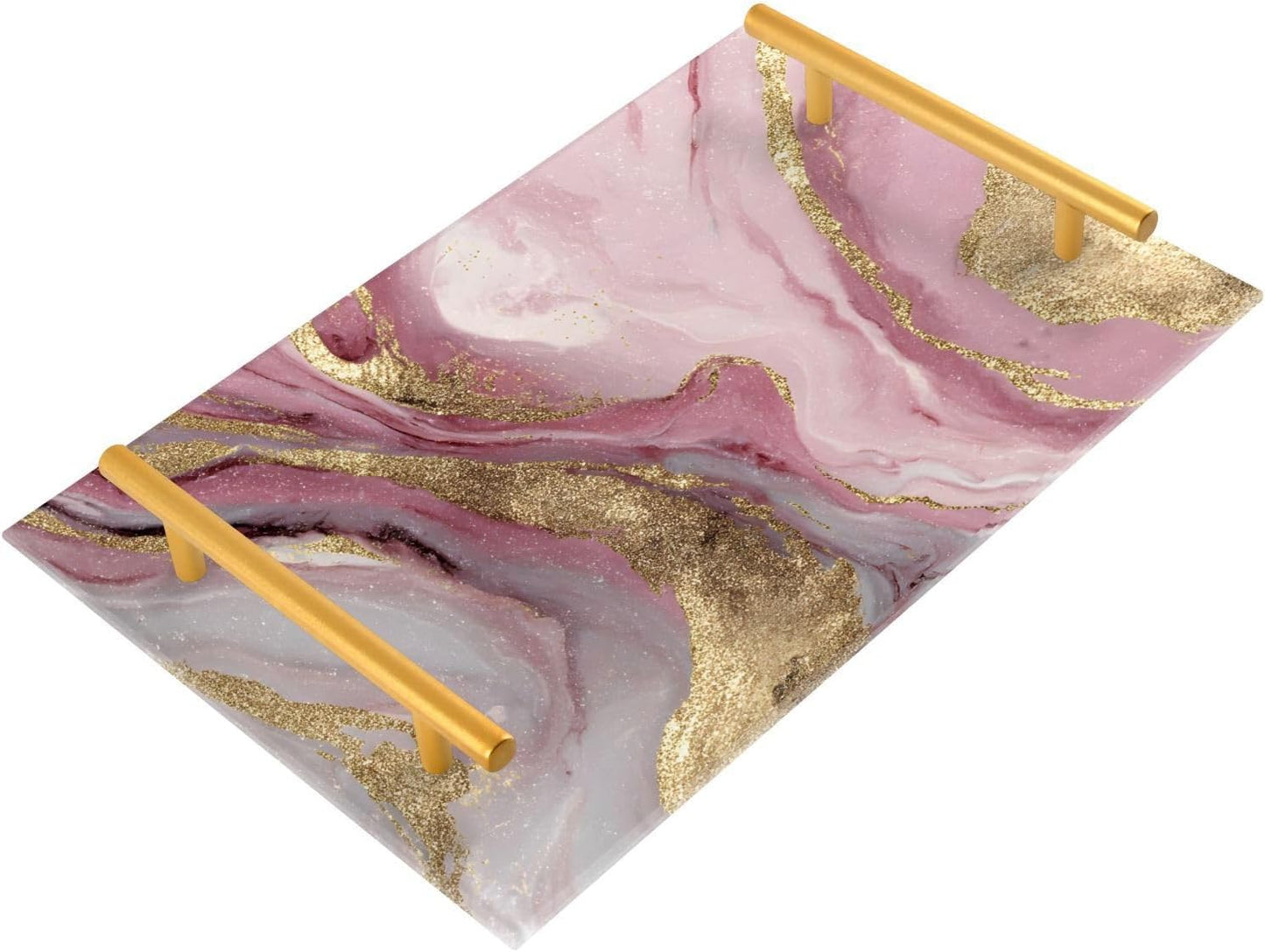 Gold Pink Marble Pattern Print Bathroom Perfume Vanity Tray Acrylic Serving Tray with Handles Decorative Party Platters for Coffee Tea Table Kitchen Countertop