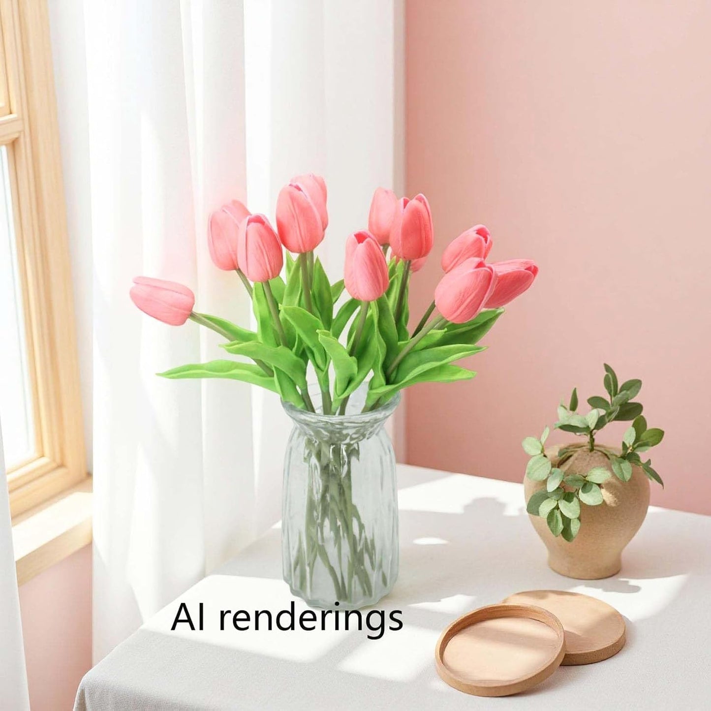 10-Heads Artificial Flowers PU Mini Real Touch Tulip Bouquets for Home Wedding Party Centerpiece Decoration (Coral)