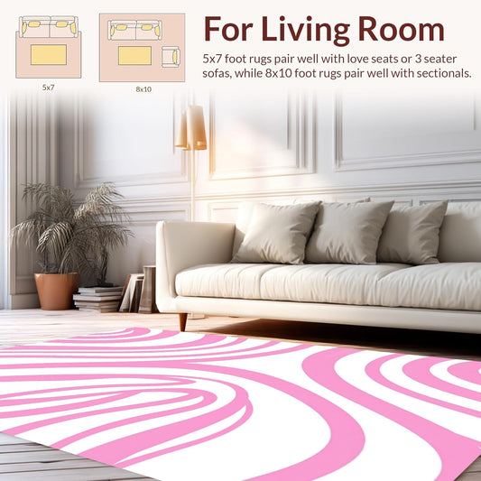 Flatwoven High Traffic Area Rug 5x7, Chic Wavy Ripple Splash Modern Abstract Artistic Expression, Non Slip, Stain Resistant, Washable Area Rugs for Living Room, Bedroom (Pink, 5x7)