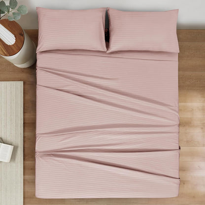 Mejoroom Striped Queen Size Sheet Set - Hotel Luxury 1800 Bedding Sheets & Pillowcases - Deep Pocket Fitted Sheet, Soft, Breathable, Wrinkle & Fade Resistant - 4 Piece (02-Dusty Pink)