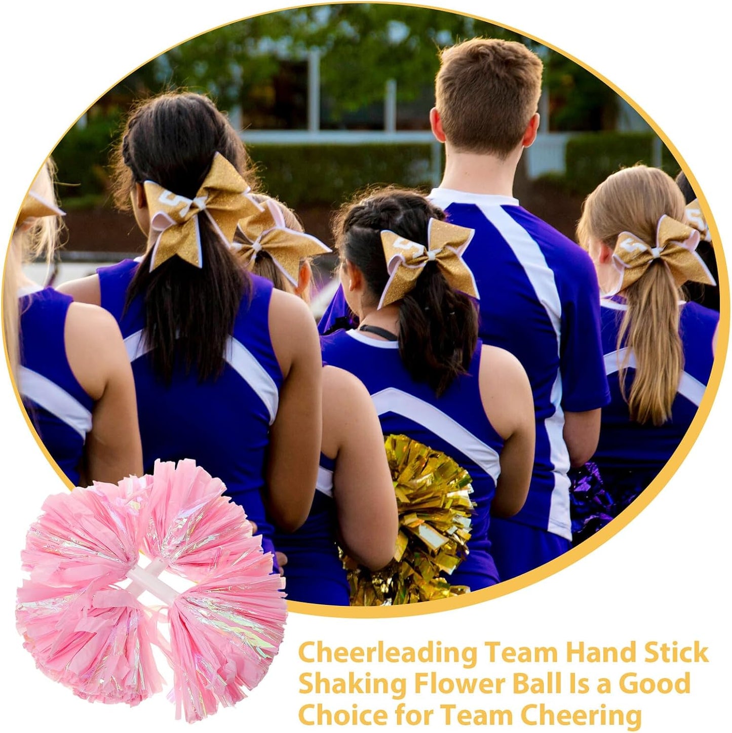 ifundom 2pcs Cheerleading Spirit Pom Poms with Handle 6-inch Rainbow Matte Pink Flower for Team Sports Cheering and Dance Performances