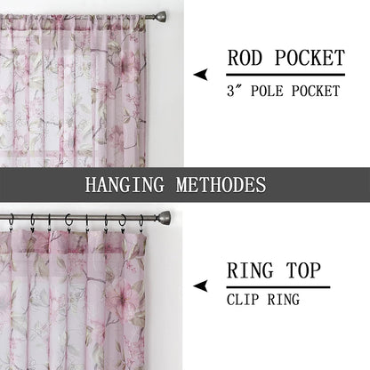 Tollpiz Sheer Valance Pink Flower Leaf Printed Floral Embroidered Bedroom Valance Curtains Sheer Rod Pocket Voile Window Curtain Valances for Living Room, 54 x 16 inches Long, Set of 1 Panel