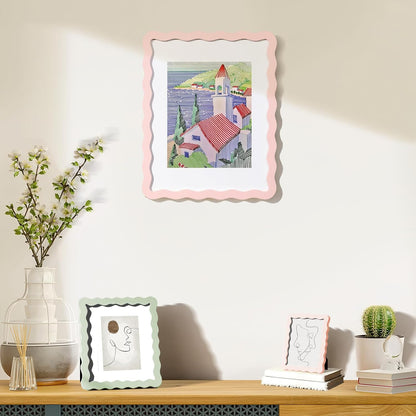 8x10 Cute Picture Frame, Wavy Curved Photo Frame with 5x7 Mat and Real Glass, Unique Funky Frame for Table and Wall Display, Home Office Desk Decoration Art, Baby Girl Gift (8x10, Light Pink)