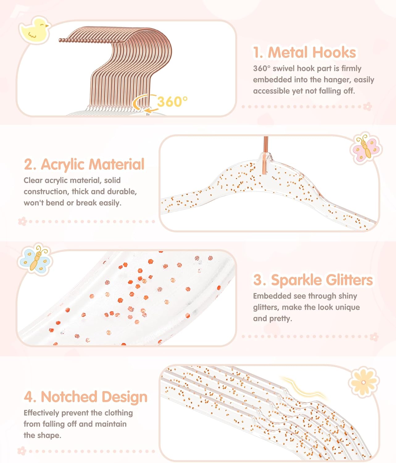 VIS'V Baby Hangers, 11 Inch Acrylic Kids Glitter Hangers for Infant Toddler Nursery Closet Clothes Organization, Pink, 30 Pcs