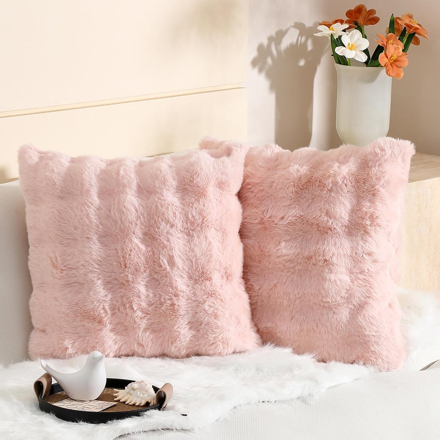 linmopm Excluding Insert Faux Rabbit Fur Bubble Pack of 2 Throw Pillow Cover Double Side 18x18 Inch Pink Thick Plush Dense Fuzzy Decorative Cushion Covers for Couch Bedroom