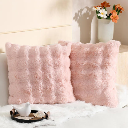 linmopm Excluding Insert Faux Rabbit Fur Bubble Pack of 2 Throw Pillow Cover Double Side 18x18 Inch Pink Thick Plush Dense Fuzzy Decorative Cushion Covers for Couch Bedroom
