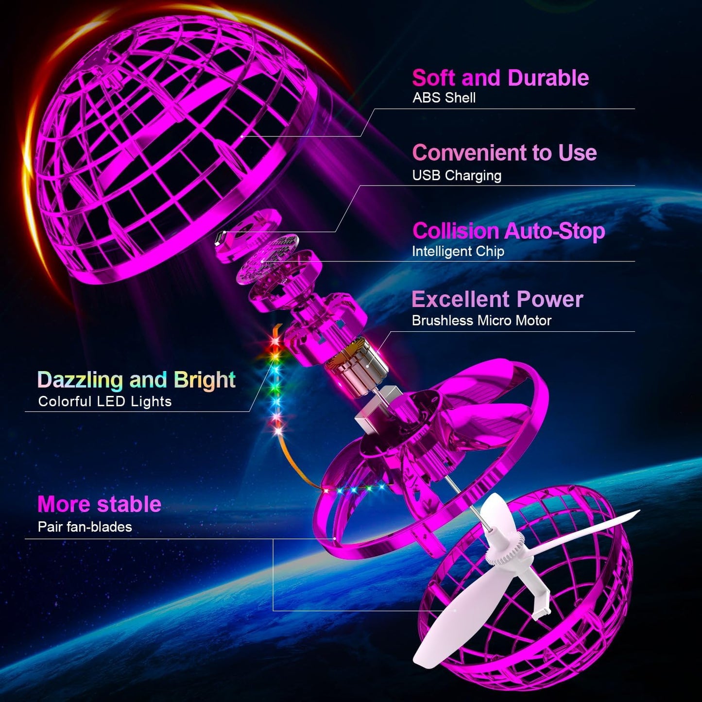 Ivtivfu Flying Orb Ball (Pink, 2026 Upgraded) with Dazzling Lights, Magic Hover Spinner, Boomerang Drone, Floating Cosmic Globe, Kids Outdoor Toys for 6 7 8 9 10 Year Old Boys Girls