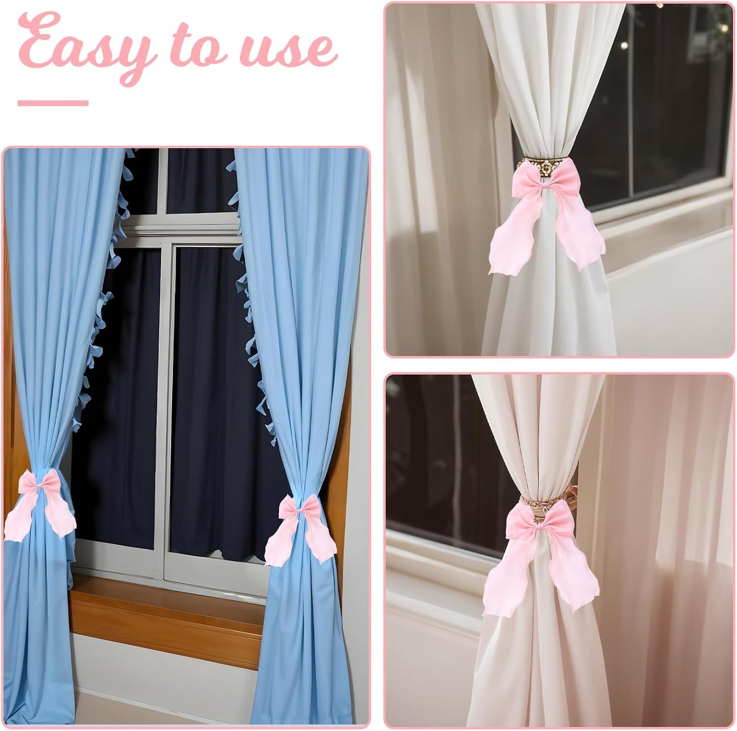 2 PCS Bow Curtain Tiebacks, Pink Butterfly Curtain Tiebacks with Pearls Sweet Bowknot Curtains Holdbacks Buckles Ribbon Curtains Ties for Home Bedroom Offices Dining Rooms Wedding Party Decoration