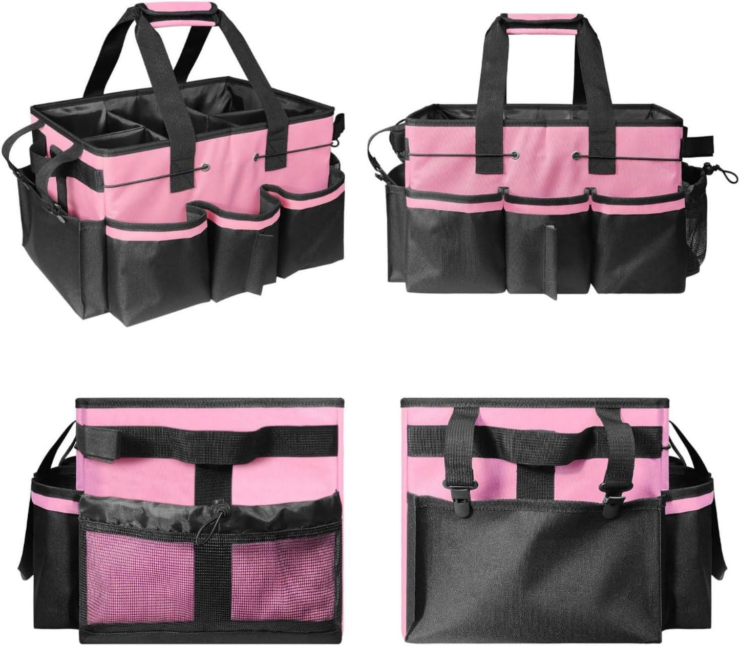 Janitorial Supply Bag Waterproof Housekeeping Tool Bag Heavy Duty Multi-Compartment Organizer Tote for Housekeepers, Cleaners, Car Wash, Gardening, Pink Black