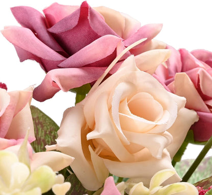 LUEUR Artificial Flowers with Vase, 2pcs Pink Silk Roses in Pot, Fake Flowers Decoration in Ceramics Vase Faux Floral Arrangement for Table Centerpieces Spring/Summer Decor Home Office Farmhouse