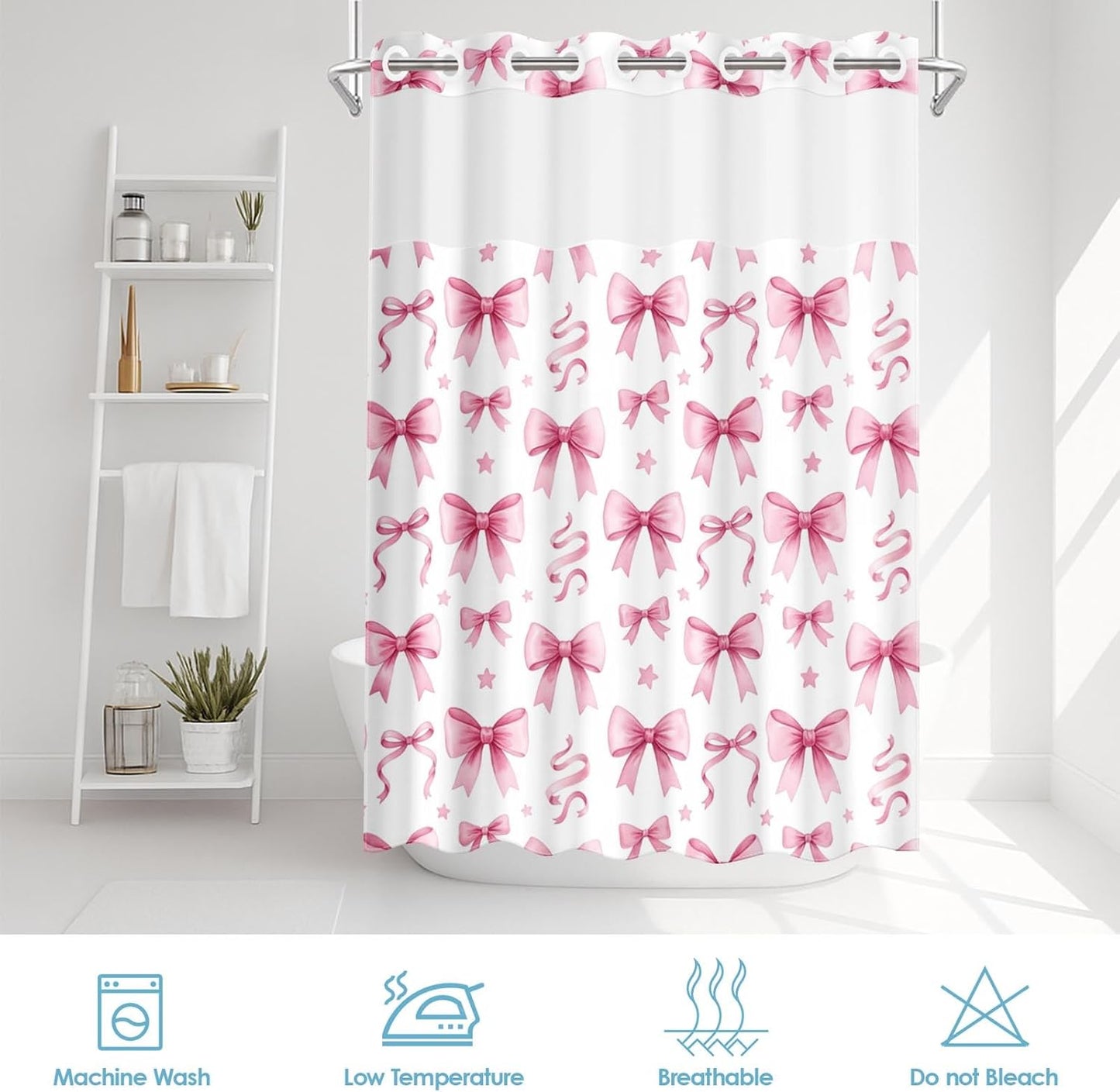 No Hook White Pink Bow Shower Curtain with Snap in Fabric Liner Set, Girls Cute Double Layers Waterproof Fabric with See Through Top Window Open Grommet Bath Curtain 71x74 Inch