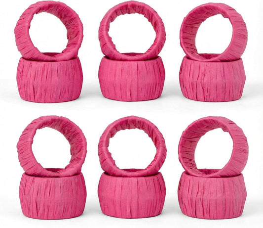GURU JEE™ Handmade Raffia Rattan Napkin Rings Pink Set of 12 Everyday Use Dining Party Tabletop Décor Gifts Napkin Holder 1.5 Inch in Size Artisan Crafted in India
