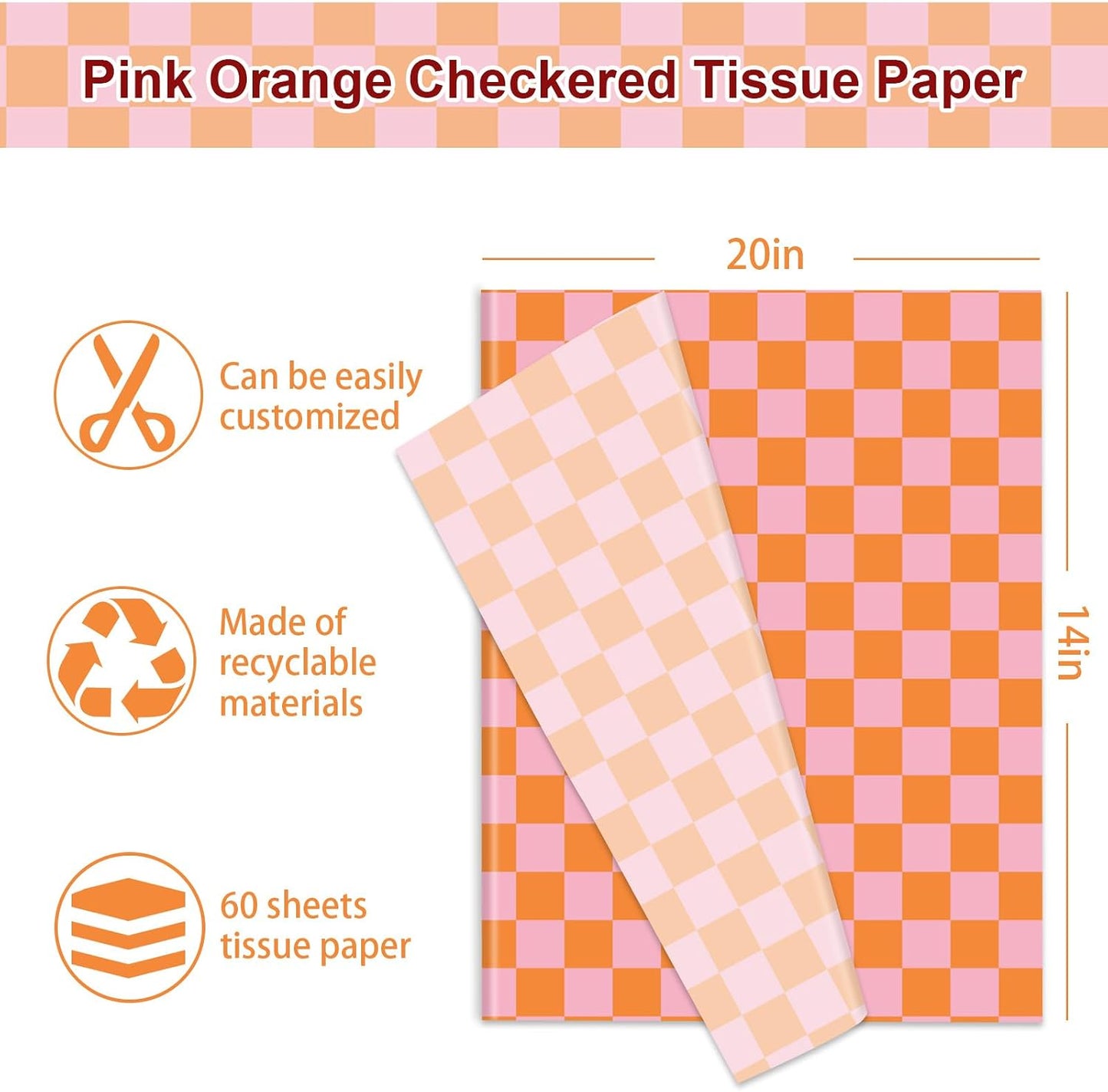 JarThenaAMCS 60 Sheets Checkered Tissue Paper Pink Orange Plaid Gift Wrapping Tissue for Sunset Birthday Baby Shower Wedding Party DIY Crafts Supplies, 14 x 20 Inch