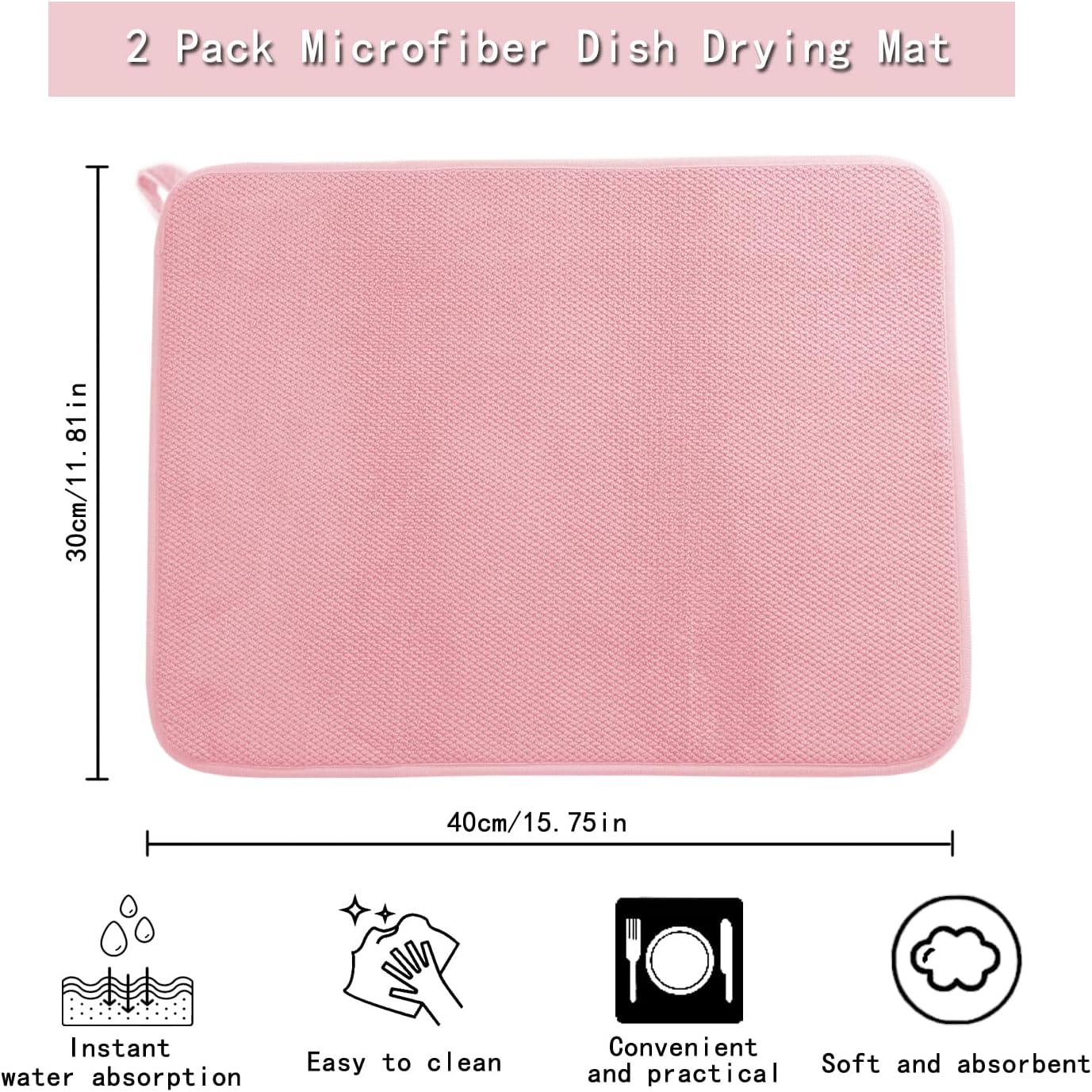 2pcs Dish Drying Mats with Hanging Loop, Absorbent Microfiber Dishes Drainer Mat for Kitchen Counter, Reusable Dish Drying Pad for Dishes, Utensils, Pots, Pans, 12" x 16", Pink