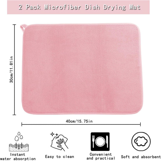 2pcs Dish Drying Mats with Hanging Loop, Absorbent Microfiber Dishes Drainer Mat for Kitchen Counter, Reusable Dish Drying Pad for Dishes, Utensils, Pots, Pans, 12" x 16", Pink