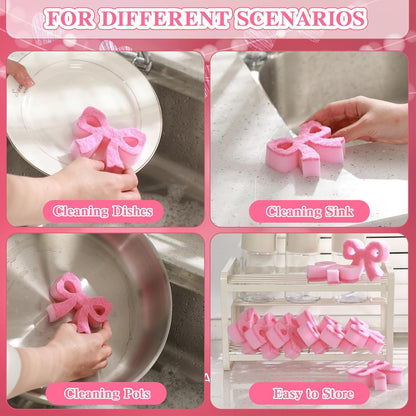 Tioncy 12 Pack Pink Bow Sponges Bulk Preppy Dual Sided Scrubber Pink Bow Sponges Reuseble Non Scratch Dishwashing Kitchen Cleaning Accessories for Cookware Pot Boiler Pan Household