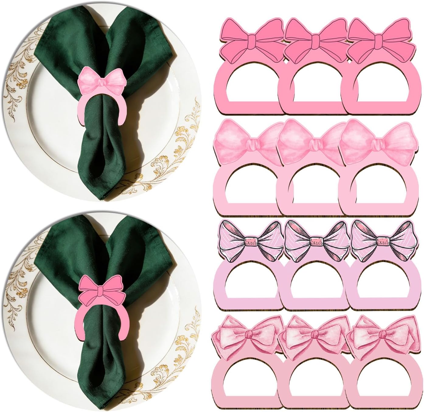 12pcs Pink Bow Baby Shower Decorations, Pink Themed Birthday Party Supplies, Wooden Napkin Rings for Table Settings Wedding Christmas Party Dinner Table