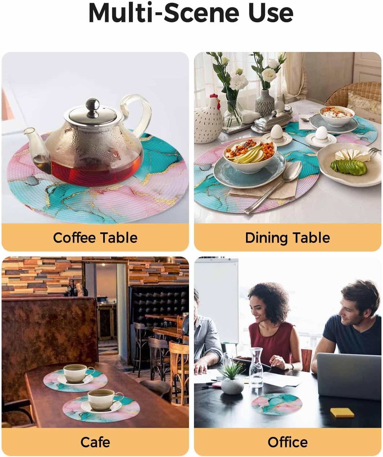Teal Pink Marble Round Placemats Set of 4 Abstract Ink Painting Luxury Modern Place Mats Indoor Woven Table Mats Washable Heat-Resistance Braided Dining Table Placemats for Kitchen Holiday 15 Inch