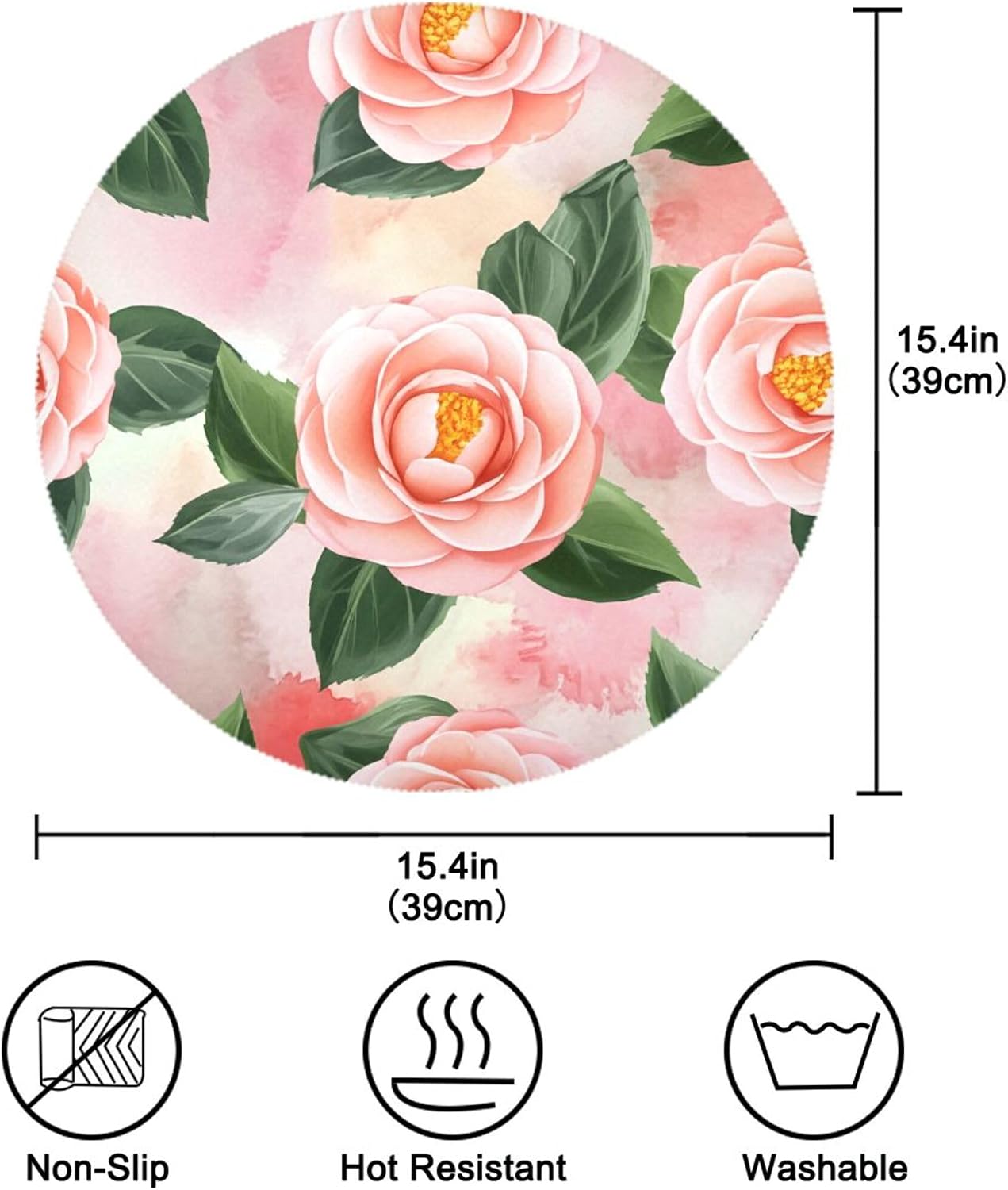 Round Placemats Set of 6 Peach-Pink Camellia Washable Non-Slip Heat Resistant Place Mats, 15.4” Dining Table Place Mats for Kitchen Holiday Party Decoration