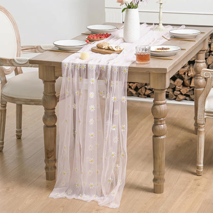 Horaldaily Pink Embroidery Daisy Spring Summer Gauze Tablecloth 60×84 Inch Rectangular, Seasonal Tulle Table Cover, Garden Party Decorations for Wedding, Party, Holiday Dining