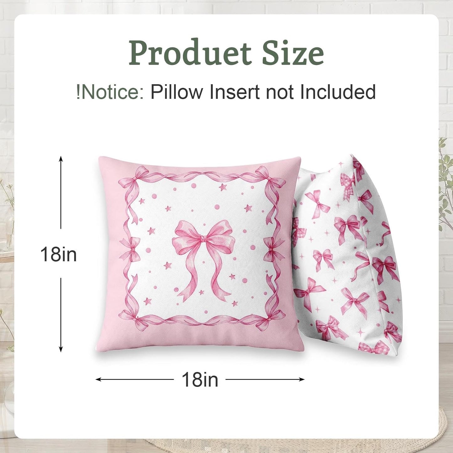 Emvency Throw Pillow Covers 18x18 Set of 6, Bow Coquette Pink Soft Decorative Cushion Cases with Double Sided Print, Girly Preppy Square Pillowcases for Sofa Couch Bed Living Room Home Decor