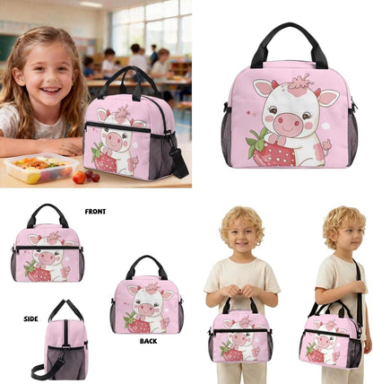 COEQINE Personalized Backpack with Lunch Box Kids Girls Cow Pink Strawberry Cute Bag for School Preschool Elementary Front Zip Pocket Holder Snacks Lightweight Bookbag Diaper Bag,13In