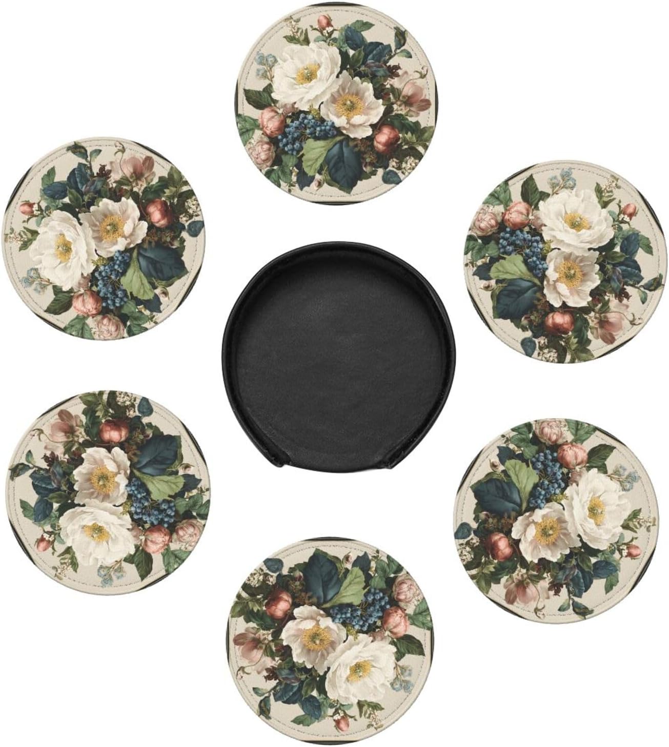 White Pink Flowers Blue Berries On Light Cream Premium Leather Coasters, Set of 6 with Holder, Stylish Beverage Coasters for Kitchen Coffee Bar