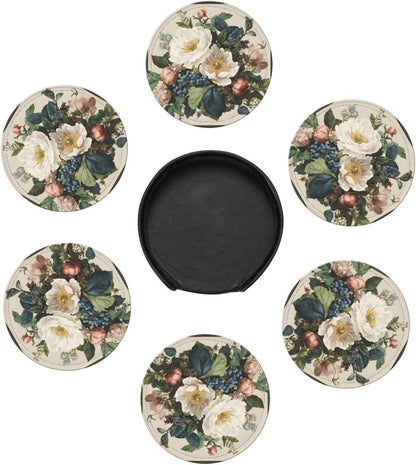 White Pink Flowers Blue Berries On Light Cream Premium Leather Coasters, Set of 6 with Holder, Stylish Beverage Coasters for Kitchen Coffee Bar