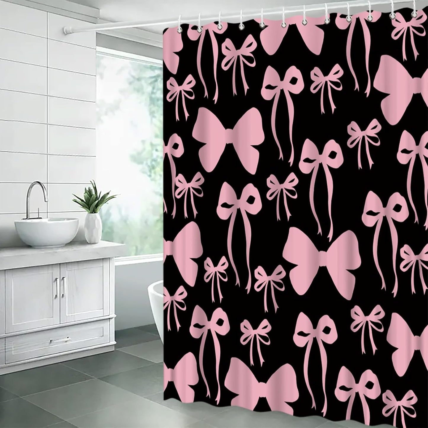 Pink Bow Shower Curtain Cute Bowknot for Girls Woman Modern Aesthetic Lovely Fabric Bathroom Decor Curtain with Hooks,70Wx70H Inches