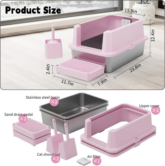 RIZZARI 2-Pack Open-Top Stainless Steel Cat Litter Boxes - Large Pink, Non-Stick & Odor Resistant, Easy-Clean Trays with High Sides, for Indoor Use, Apartments & Multi-Cat Homes