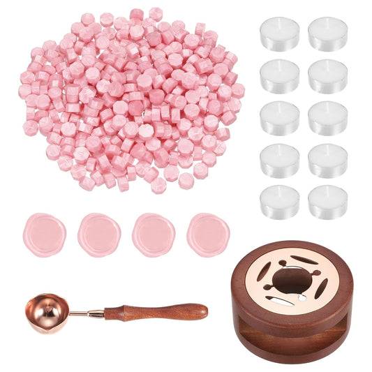 PATIKIL Wax Seal Kit, 300 Pcs Wax Sealing Beads, Wooden Warmer, Melted Spoon, 10 Pcs Tealight Candles for Envelope Letter Mailing Crafts DIY, Pearl Pink