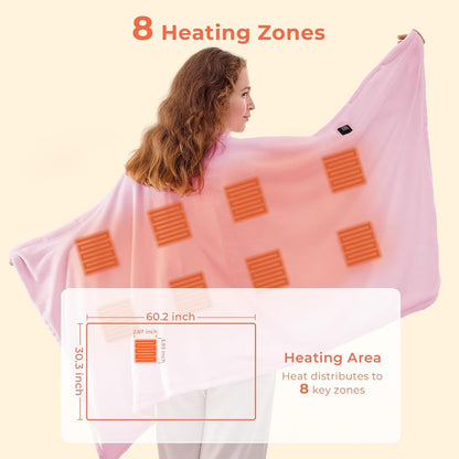 JOLLYVOGUE USB Heated Blanket Throw, Wearable & Portable Heating Electric Blanket for Adults, 3 Levels & 8 Heating Zone Shawl for Indoor & Outdoor, Pink (Battery Not Included)