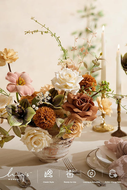Ling's moment Fake Flowers Box, Faux Artificial Greenery Stems Foam Roses Dahlia Gardenia Tulip Silk Carnation Fabic Flower for Centerpieces Bouquet Wedding Vase, Apricot & Peach, Deluxe Combo