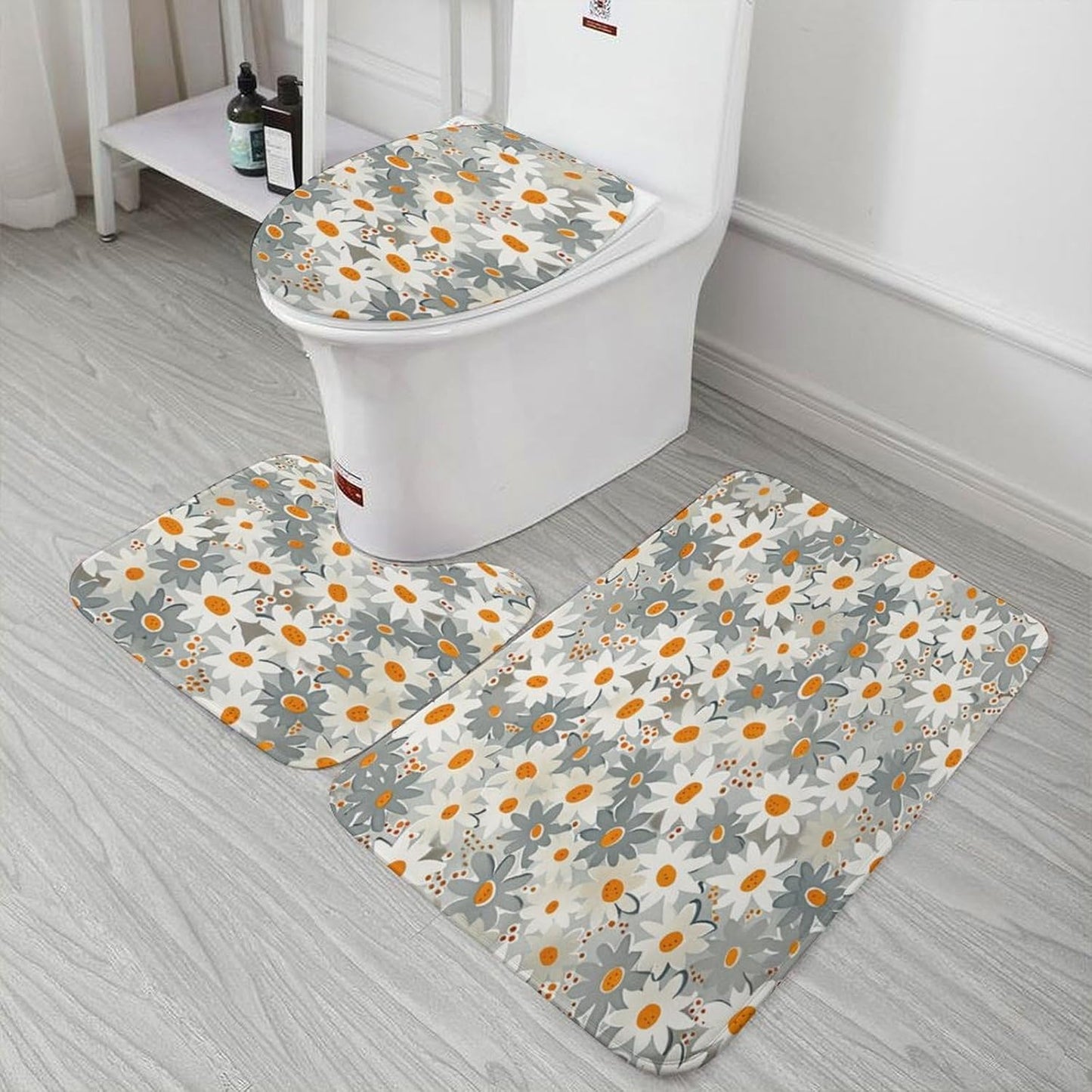 Bathroom Rugs and Mats Set 3 Piece Nonslip Small Daisies in Light Grey and White Bath Rug and U-Shape Contoured Toilet Mat & Toilet Lid Cover Mat Blush Pink Flower Bath Carpet Bath Mats 20"x32"