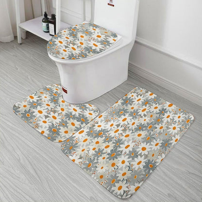 Bathroom Rugs and Mats Set 3 Piece Nonslip Small Daisies in Light Grey and White Bath Rug and U-Shape Contoured Toilet Mat & Toilet Lid Cover Mat Blush Pink Flower Bath Carpet Bath Mats 20"x32"