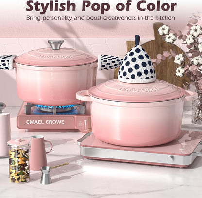 Umite Chef Enameled Cast Iron Dutch Oven-7QT Pot with Lid Cookbook & Cotton, Heavy-Duty Cookware for for Bread Baking, Braising, Stews, Marinate, Cook(Pink)