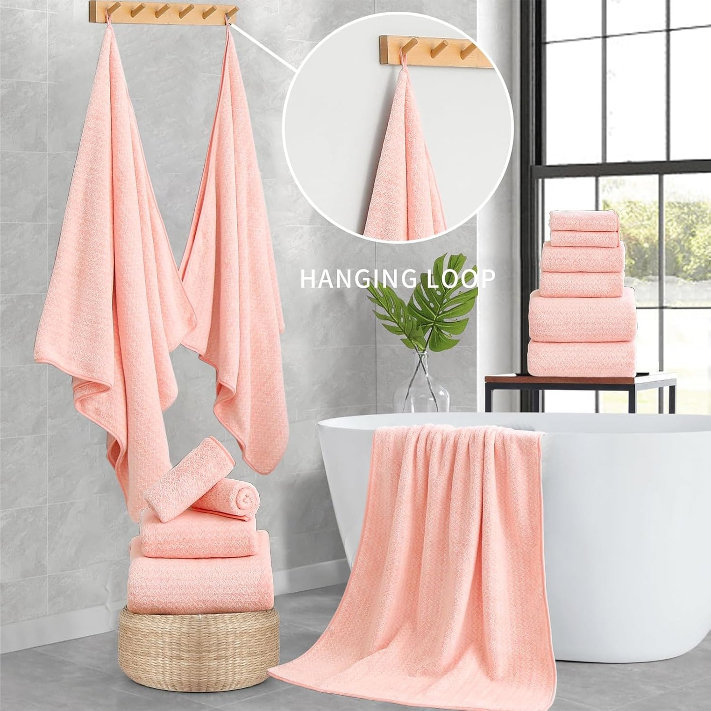 Ultra Soft Bath Towel Set,12 Piece (4 Bath Towels,4 Hand Towels,4 Washcloths) Family Bathroom Towel Set with Hanging Loops,Quick Dry Extra Absorbent Fluffy Shower Towel for Bathroom,Hotel,Spa-Pink