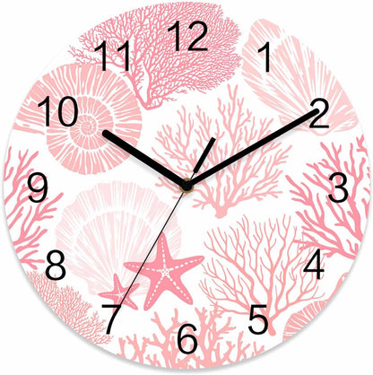Abstract Wall Clock Battery Operated Non-Ticking 12" Round Wood Clocks, Coral Starfish Marine Pink Kitchen Wall Clock for School Bathroom Living Room Home Office Wall Decor