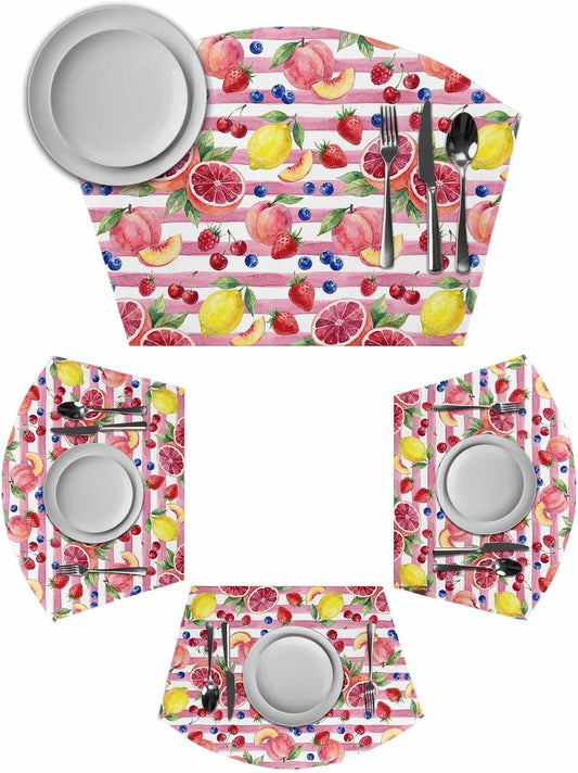 Round Table Placemat Wedge Placemats Set of 6,Summer Peach Lemon Grapefruit Placemat Washable Table Mats,Blueberry Strawberry Pink Stripe Fan Shaped Place Mats for Kitchen Dinner Party Decor