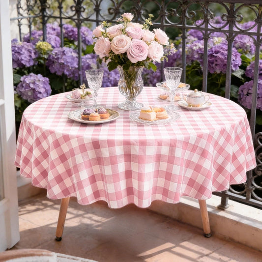 Gingham Vinyl Tablecloth with Flannel Backing, 60 Inch Round PEVA Waterproof Plastic Oilcloth, Wipeable Reusable Checkered Cover for Camping, Patio, Picnic, Kitchen, Pink Plaid