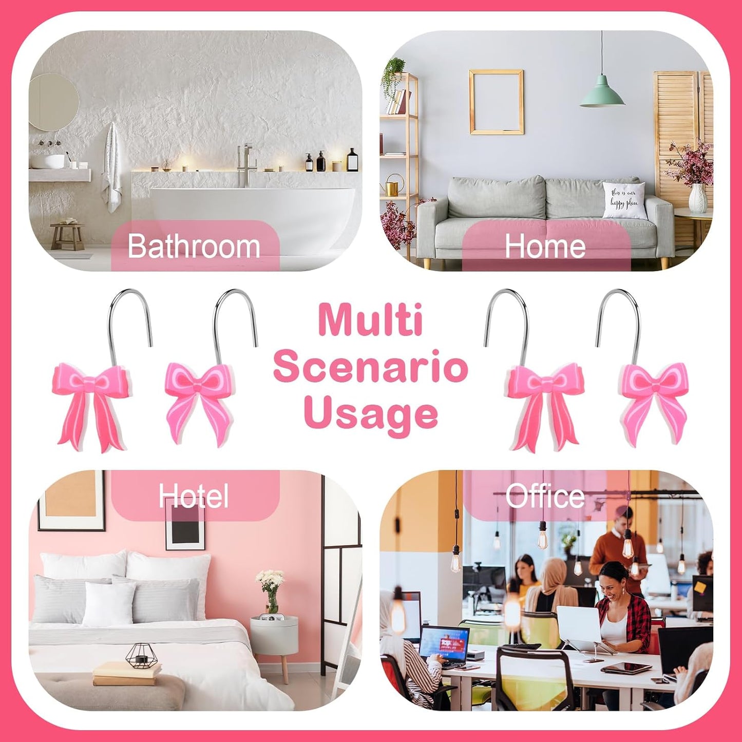 Yungyan 12 Pcs Pink Bow Shower Curtain Hooks Metal Rustproof Curtain Hangers Pink Bow Knot Decorative Stainless Steel Hook Ring for Spring Mother's Day Bathroom Wedding Birthday Preppy Bathroom Decors